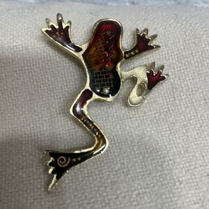 Yossi Steinberg Brooch Pin Frog Enamel Gold tone Red Jeweled Artisan 3” Resin(?)